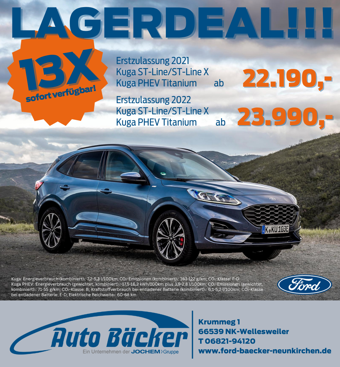 Angebot | Lagerdeal Ford Kuga | Auto Bäcker GmbH | Jochem Gruppe Lagerdeal Ford Kuga | Das Bild zeigt eine Anzeige mit einem Ford Kuga.