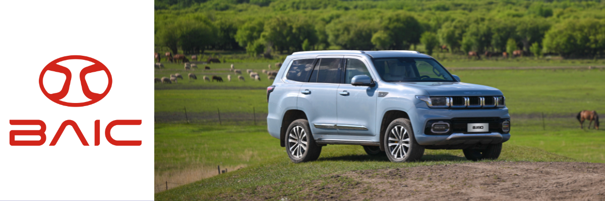 Angebote BAIC BJ60 | Das Bild zeigt einen blauen SUV auf einer Wiese mit Pferden im Hintergrund.