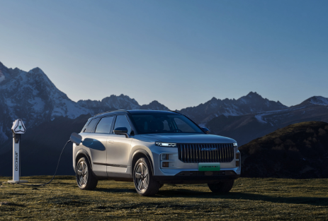 Angebote JAECOO 7 PHEV | Das Bild zeigt einen grauen SUV auf einer Wiese vor einem Bergpanorama.