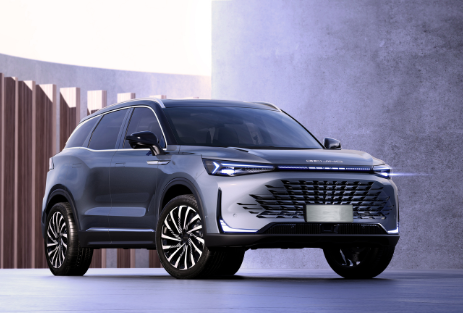 Angebot BAIC X75 | Das Bild zeigt einen blaugrauen SUV vor einem modernen Hintergrund.