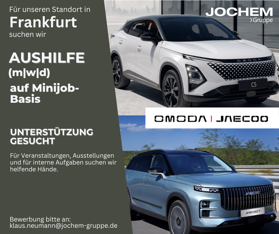 Stellenanzeige "Aushilfe" | Jochem Gruppe | Das Bild zeigt eine Stellenanzeige mit 2 Fahrzeugen und etwas Text.