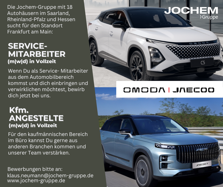 Stellenanzeige "Servicemitarbeiter und Kfm. Angestellte" | Jochem Gruppe | Das Bild zeigt eine Stellenanzeige mit 2 Fahrzeugen und etwas Text.
