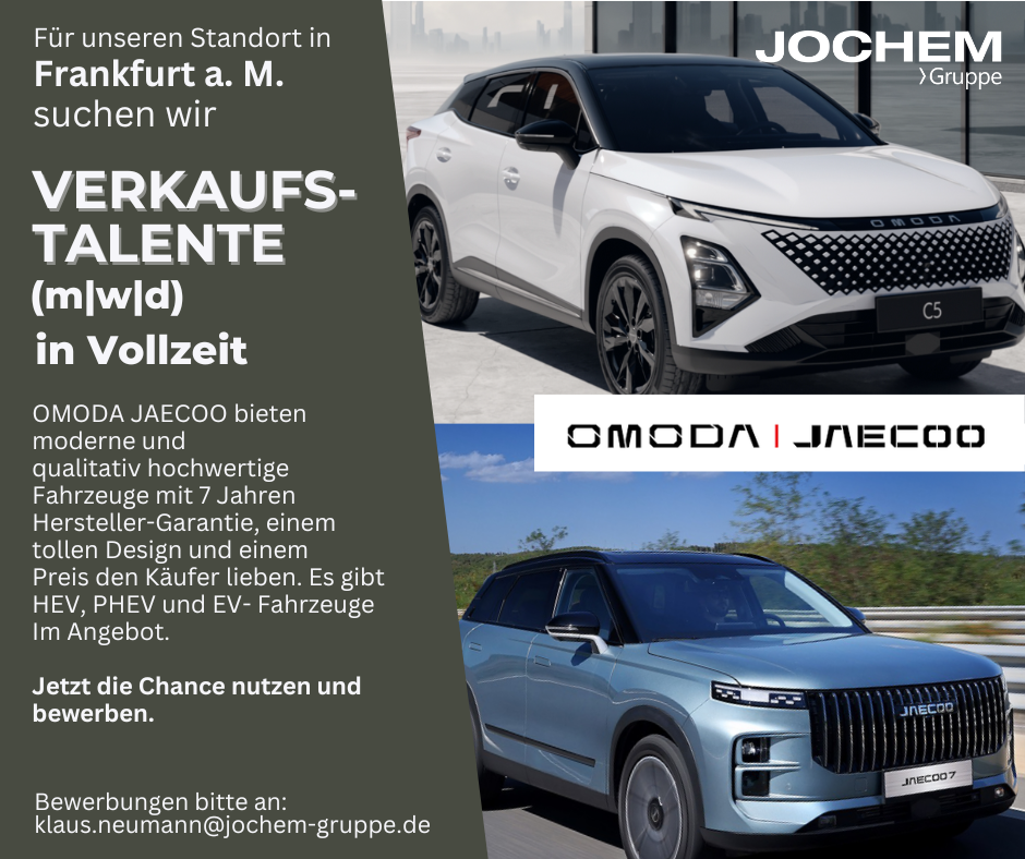 Stellenanzeige "Verkauf" | Jochem Gruppe | Das Bild zeigt eine Stellenanzeige mit 2 Fahrzeugen und etwas Text.