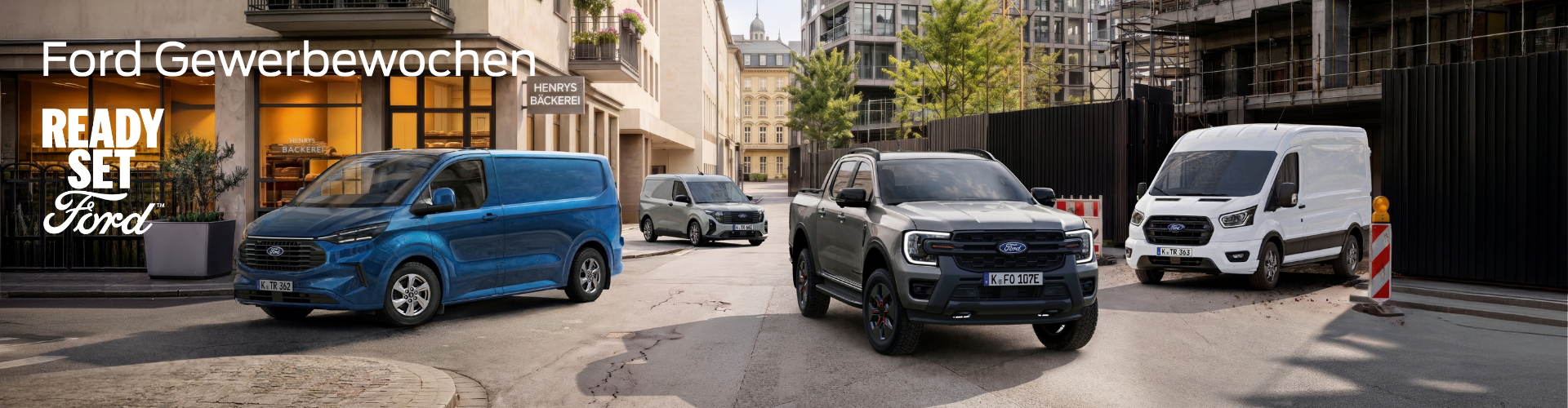 Ford Gewerbewochen | Jochem Gruppe Ford Gewerbewochen bei der Jochem Gruppe | Das Bild zeigt 4 Fahrzeuge auf einer Straße verteilt vor einer Baustelle in der Stadt.