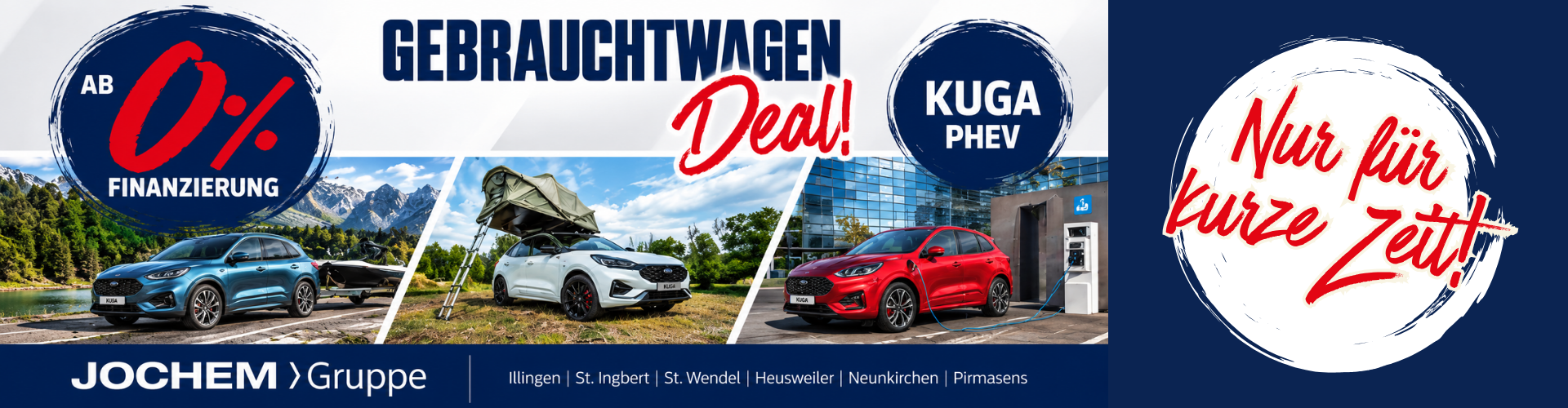Angebot - Gebrauchtwagen Deal | Ford Kuga PHEV | Jochem Gruppe Angebot - Gebrauchtwagen Deal | Ford Kuga PHEV | Jochem Gruppe | Das Bild zeigt 3 Ford Kuga mit einem Finanzierungs-Zins